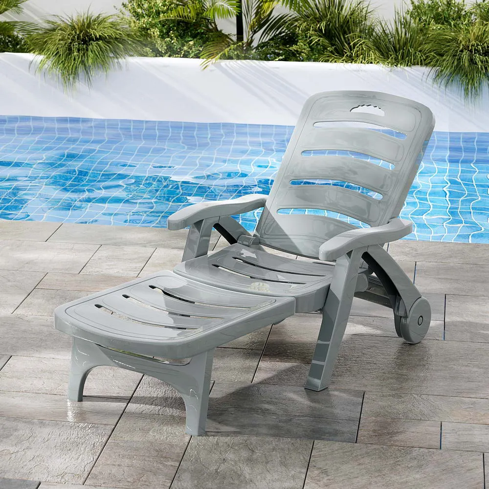 Sun Lounge Chair Folding Chaise Lounge Wheels Outdoor Grey