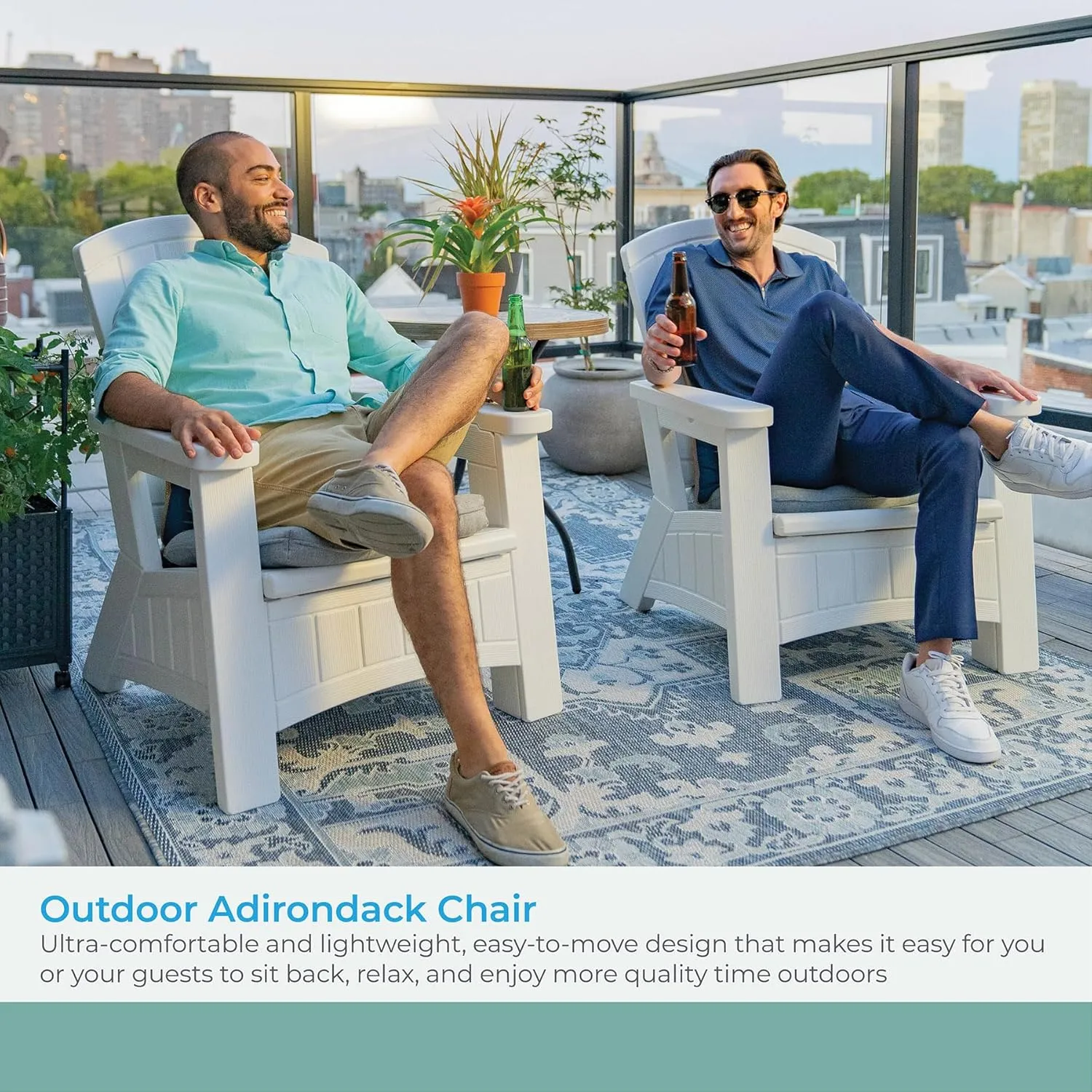 Suncast Outdoor Patio Adirondack Chair with 8 Gal. of Under-Seat Storage, Stylish Faux Wood Outdoor Storage Chair for Patios, Ice Cube