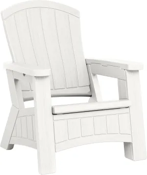 Suncast Outdoor Patio Adirondack Chair with 8 Gal. of Under-Seat Storage, Stylish Faux Wood Outdoor Storage Chair for Patios, Ice Cube