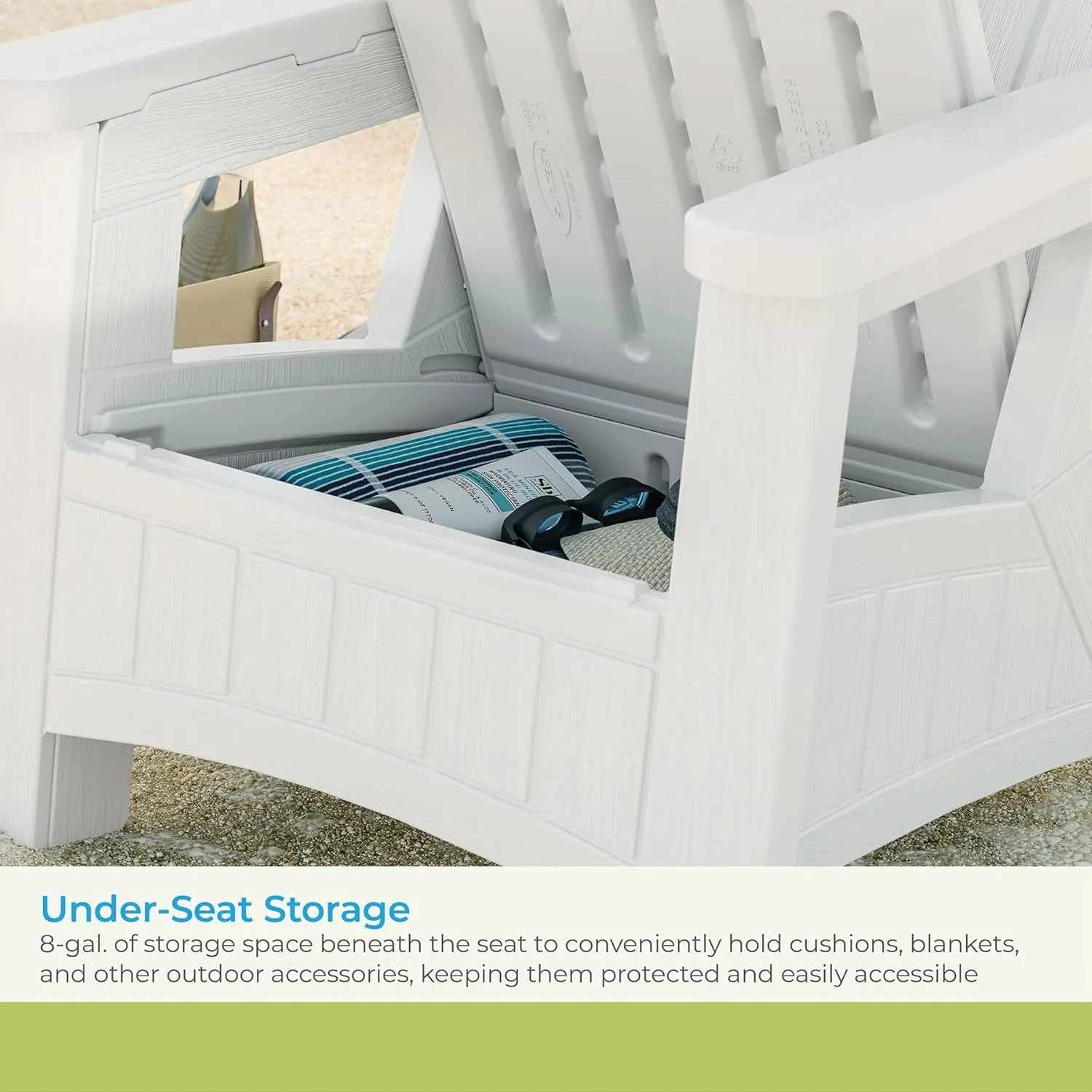 Suncast Outdoor Patio Adirondack Chair with 8 Gal. of Under-Seat Storage, Stylish Faux Wood Outdoor Storage Chair for Patios, Ice Cube