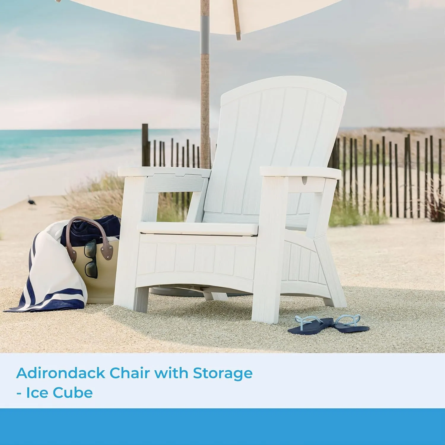 Suncast Outdoor Patio Adirondack Chair with 8 Gal. of Under-Seat Storage, Stylish Faux Wood Outdoor Storage Chair for Patios, Ice Cube