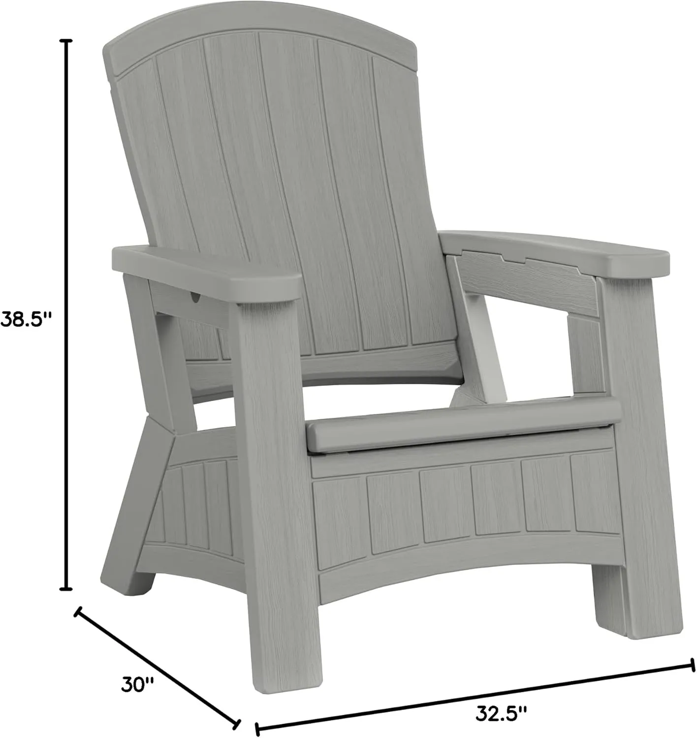 Suncast Outdoor Patio Adirondack Chair with 8 Gallons of Under-Seat Storage, Stylish Faux Wood Outdoor Storage Chair, Dove Gra