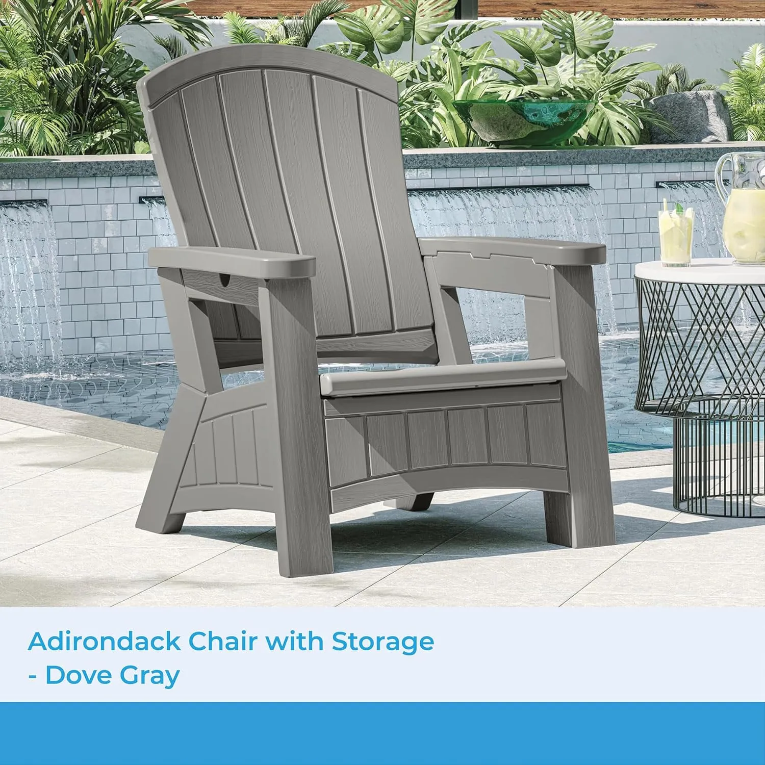 Suncast Outdoor Patio Adirondack Chair with 8 Gallons of Under-Seat Storage, Stylish Faux Wood Outdoor Storage Chair, Dove Gra