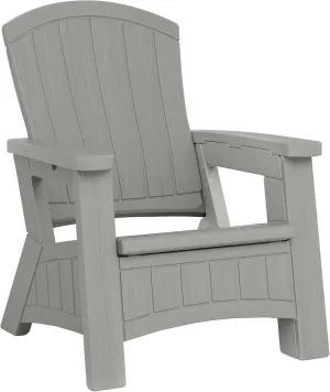 Suncast Outdoor Patio Adirondack Chair with 8 Gallons of Under-Seat Storage, Stylish Faux Wood Outdoor Storage Chair, Dove Gra