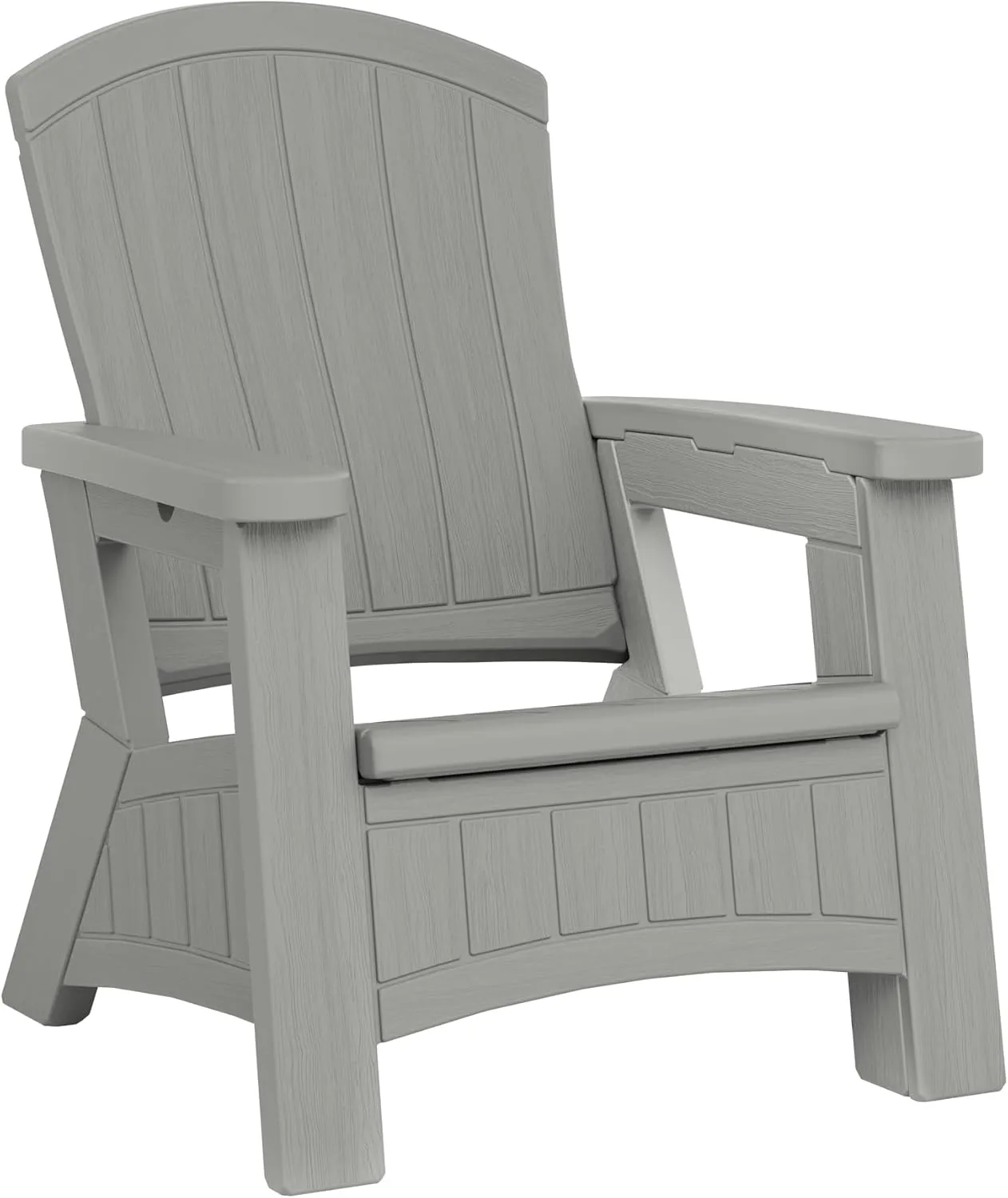 Suncast Outdoor Patio Adirondack Chair with 8 Gallons of Under-Seat Storage, Stylish Faux Wood Outdoor Storage Chair, Dove Gra