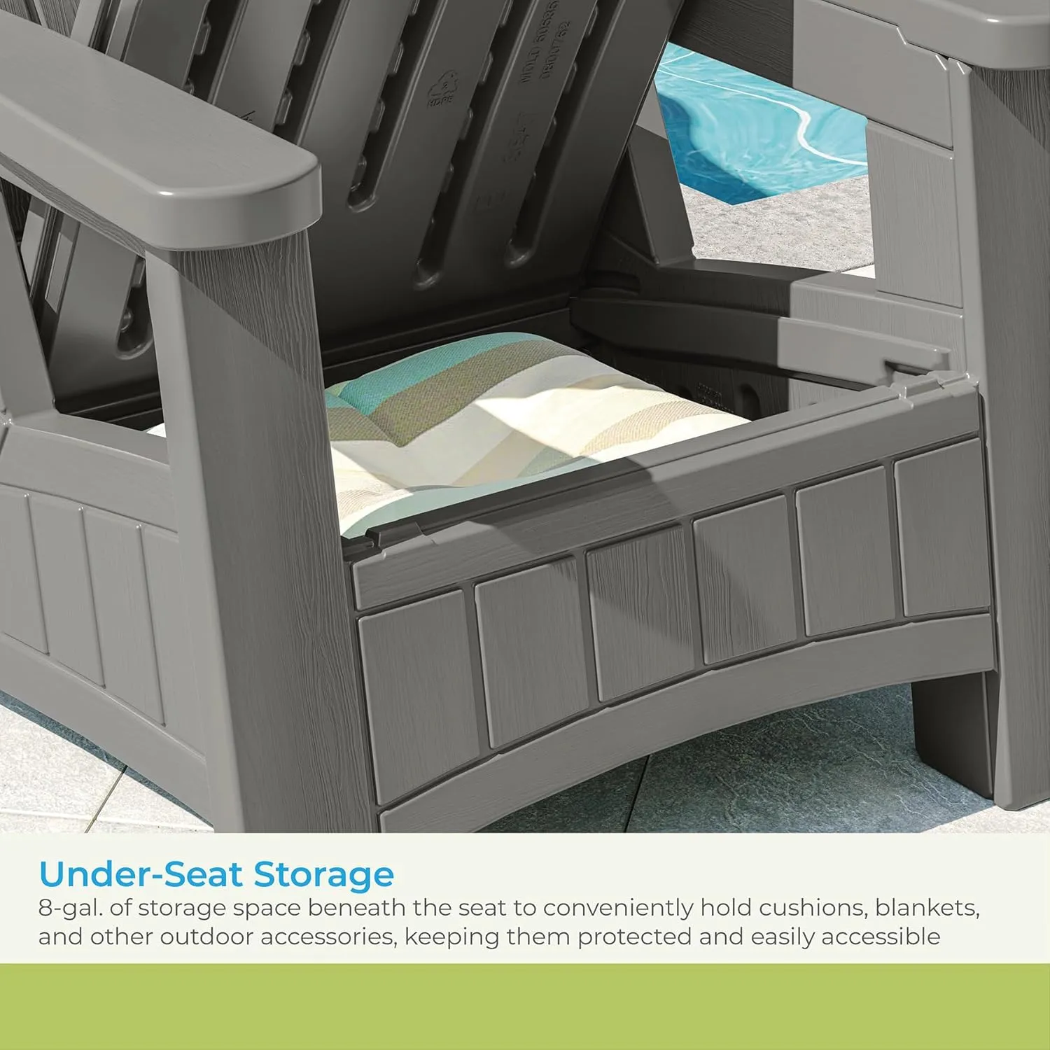 Suncast Outdoor Patio Adirondack Chair with 8 Gallons of Under-Seat Storage, Stylish Faux Wood Outdoor Storage Chair, Dove Gra