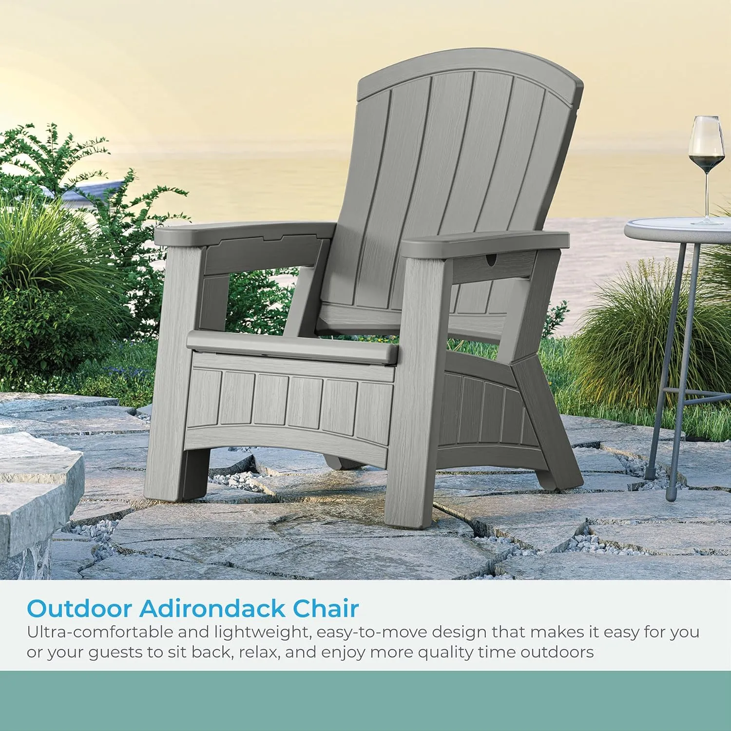 Suncast Outdoor Patio Adirondack Chair with 8 Gallons of Under-Seat Storage, Stylish Faux Wood Outdoor Storage Chair, Dove Gra