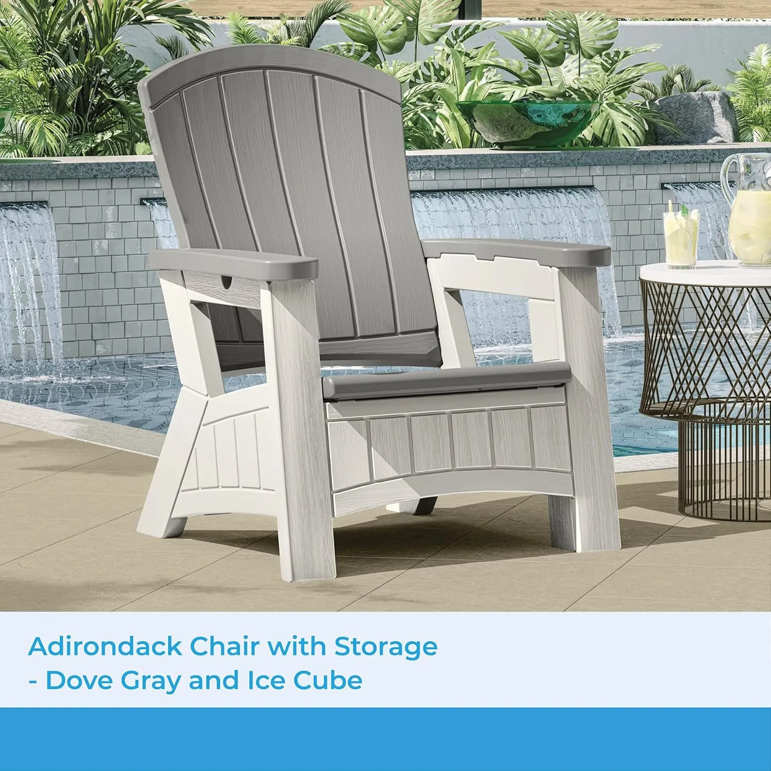 Suncast Outdoor Patio Adirondack Chair with 8 Gallons of Under-Seat Storage, Stylish Faux Wood Outdoor Storage Chair, Dove Gray/Ice Cube, Made in The USA