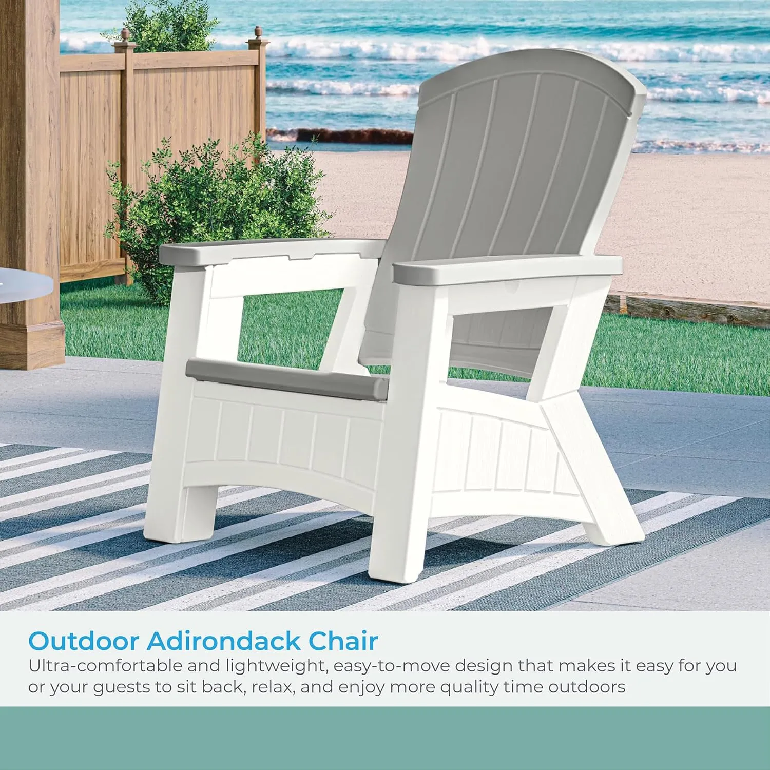 Suncast Outdoor Patio Adirondack Chair with 8 Gallons of Under-Seat Storage, Stylish Faux Wood Outdoor Storage Chair, Dove Gray/Ice Cube, Made in The USA