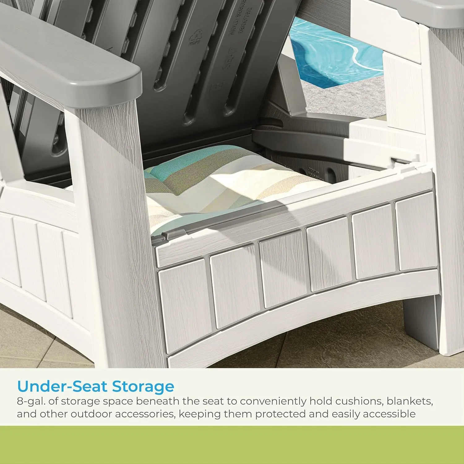 Suncast Outdoor Patio Adirondack Chair with 8 Gallons of Under-Seat Storage, Stylish Faux Wood Outdoor Storage Chair, Dove Gray/Ice Cube, Made in The USA