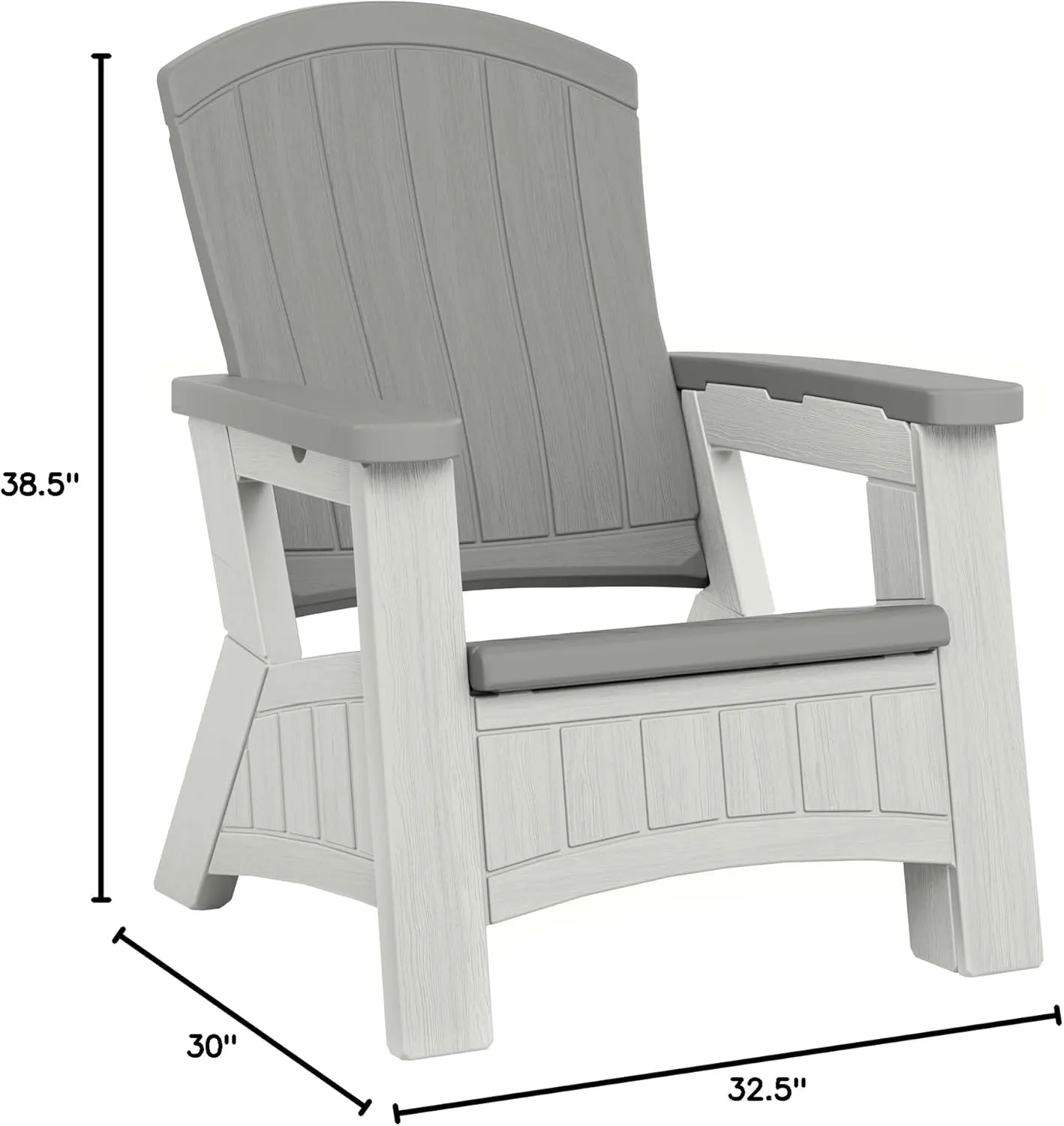Suncast Outdoor Patio Adirondack Chair with 8 Gallons of Under-Seat Storage, Stylish Faux Wood Outdoor Storage Chair, Dove Gray/Ice Cube, Made in The USA