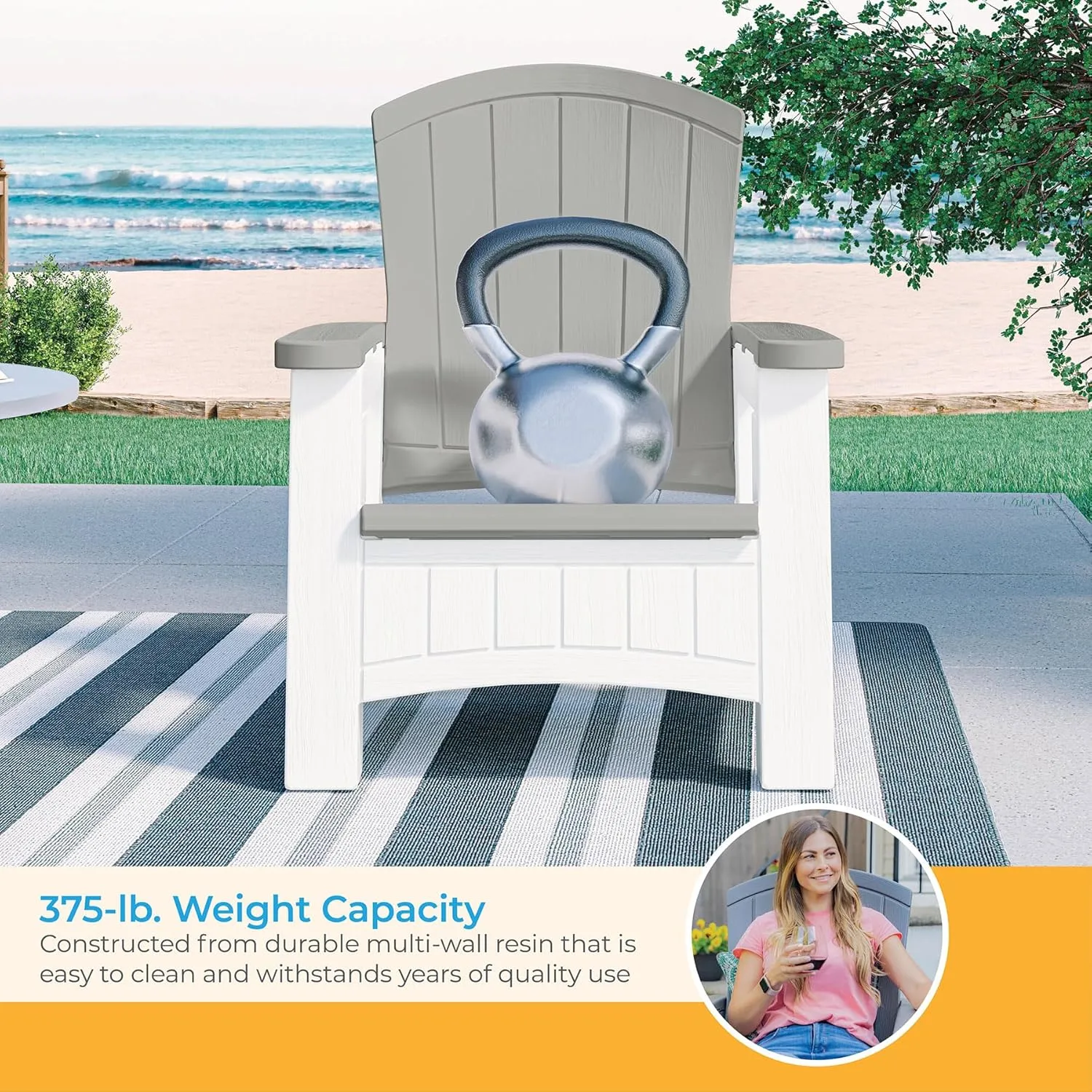 Suncast Outdoor Patio Adirondack Chair with 8 Gallons of Under-Seat Storage, Stylish Faux Wood Outdoor Storage Chair, Dove Gray/Ice Cube, Made in The USA