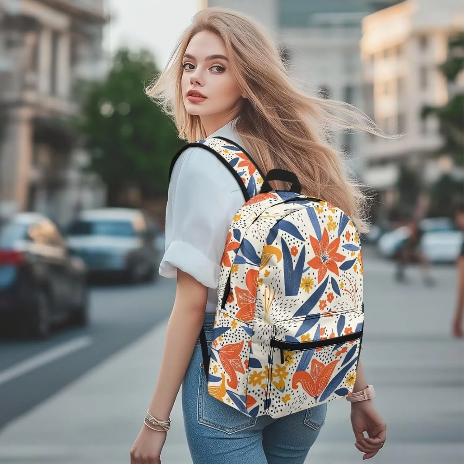 Sunlit Orange Floral Print Kids Backpack with Floral Design Lightweight School Bookbag for School Hiking Travel