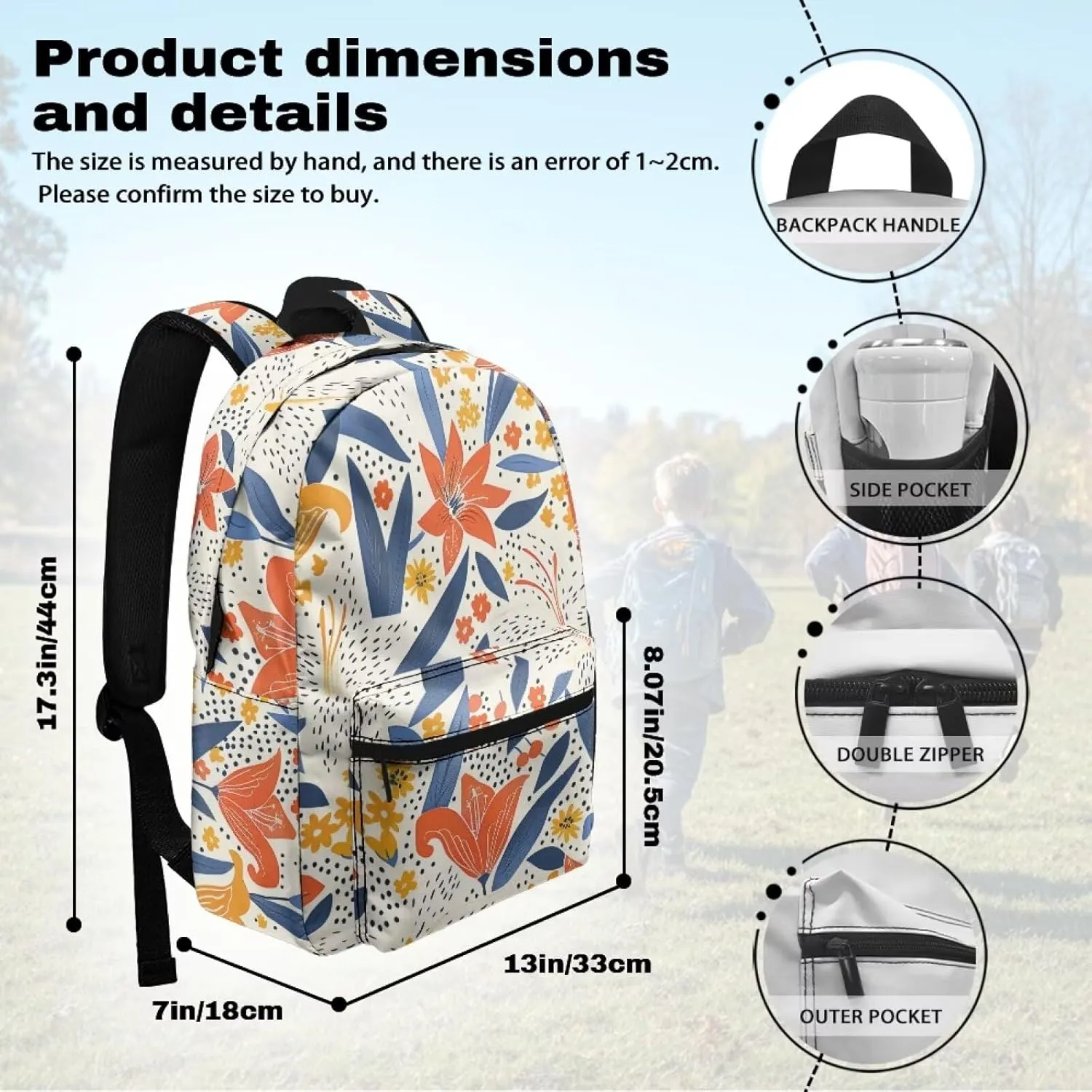 Sunlit Orange Floral Print Kids Backpack with Floral Design Lightweight School Bookbag for School Hiking Travel
