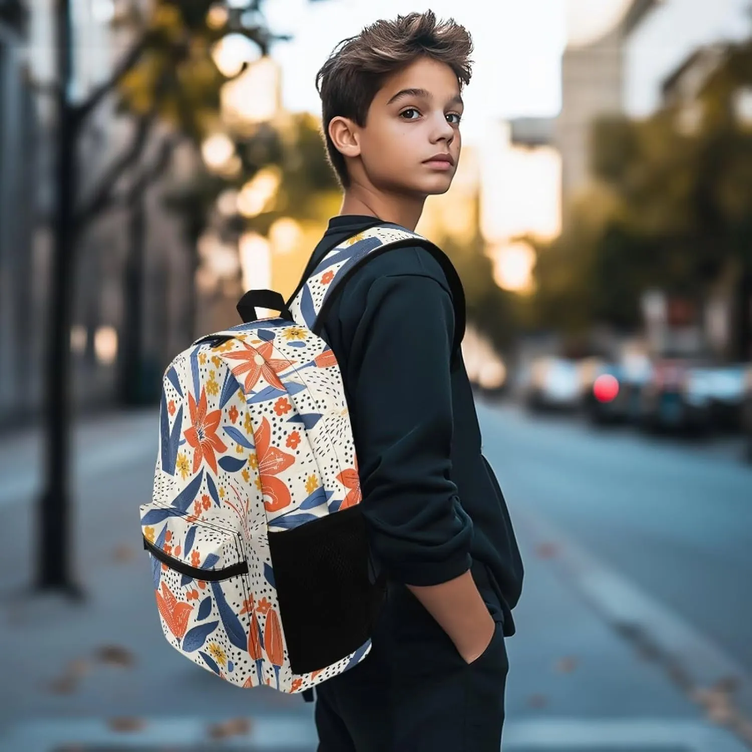 Sunlit Orange Floral Print Kids Backpack with Floral Design Lightweight School Bookbag for School Hiking Travel