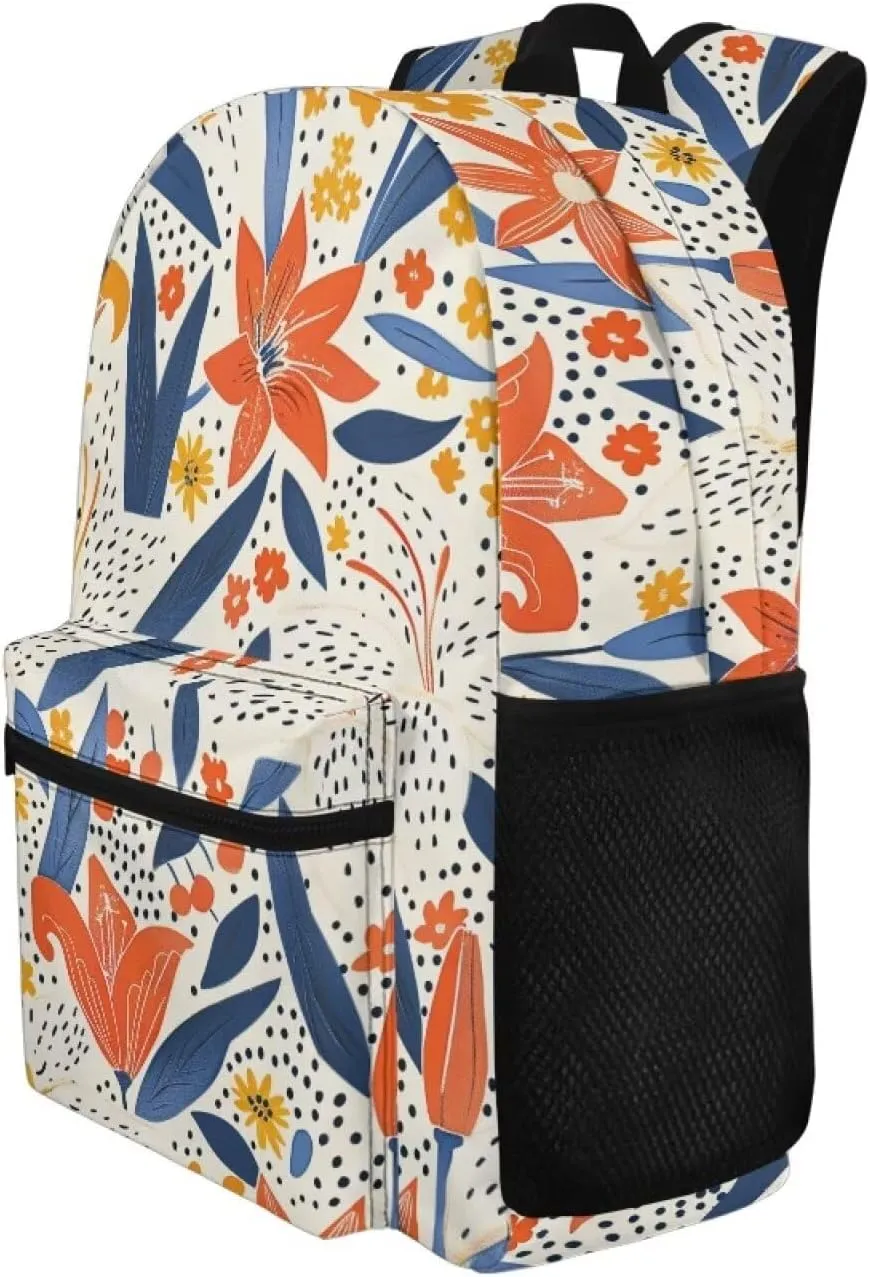 Sunlit Orange Floral Print Kids Backpack with Floral Design Lightweight School Bookbag for School Hiking Travel