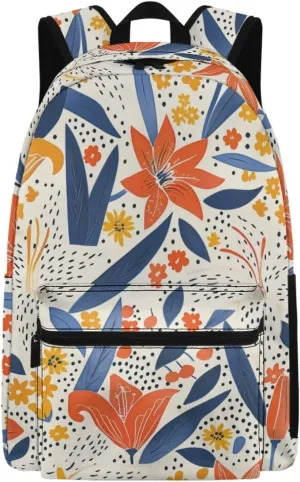 Sunlit Orange Floral Print Kids Backpack with Floral Design Lightweight School Bookbag for School Hiking Travel