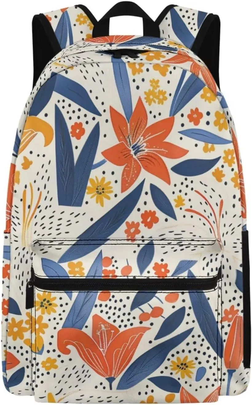 Sunlit Orange Floral Print Kids Backpack with Floral Design Lightweight School Bookbag for School Hiking Travel