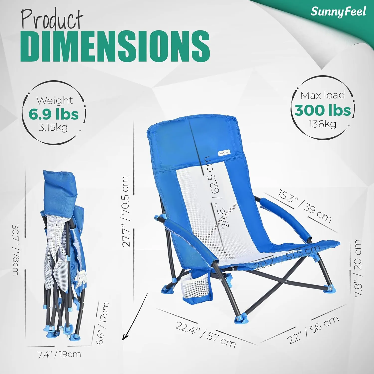 SUNNYFEEL Folding Low Camping Beach Chair 2 Pack, Lightweight Portable Lawn Chair with Mesh Back, Cup Holder for Outdoor/Travel/Picnic/Concert, Foldable Camp Backpack Chairs with Carry Bag