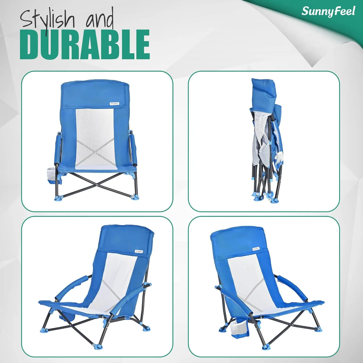 SUNNYFEEL Folding Low Camping Beach Chair 2 Pack, Lightweight Portable Lawn Chair with Mesh Back, Cup Holder for Outdoor/Travel/Picnic/Concert, Foldable Camp Backpack Chairs with Carry Bag