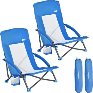 SUNNYFEEL Folding Low Camping Beach Chair 2 Pack, Lightweight Portable Lawn Chair with Mesh Back, Cup Holder for Outdoor/Travel/Picnic/Concert, Foldable Camp Backpack Chairs with Carry Bag