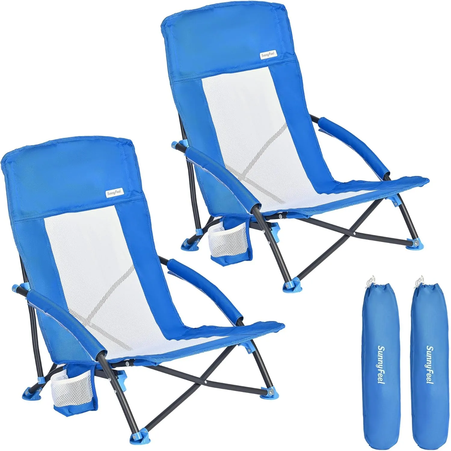 SUNNYFEEL Folding Low Camping Beach Chair 2 Pack, Lightweight Portable Lawn Chair with Mesh Back, Cup Holder for Outdoor/Travel/Picnic/Concert, Foldable Camp Backpack Chairs with Carry Bag