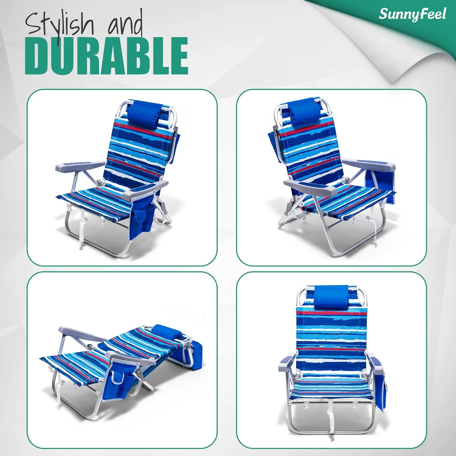 SUNNYFEEL Low Beach Chair 5 Position Lay Flat, Portable Folding Backpack Beach Chairs Heavy Duty with Cooler Bag, Cup Holder for Outdoor/Lawn/Picnic/Fishing, Foldable Camping Chair (New BlueStripe)