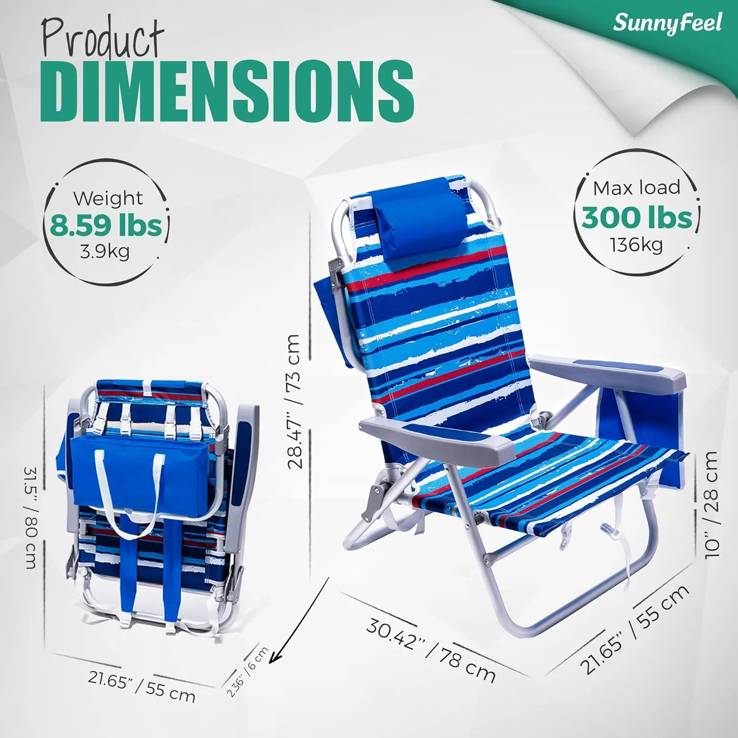 SUNNYFEEL Low Beach Chair 5 Position Lay Flat, Portable Folding Backpack Beach Chairs Heavy Duty with Cooler Bag, Cup Holder for Outdoor/Lawn/Picnic/Fishing, Foldable Camping Chair (New BlueStripe)