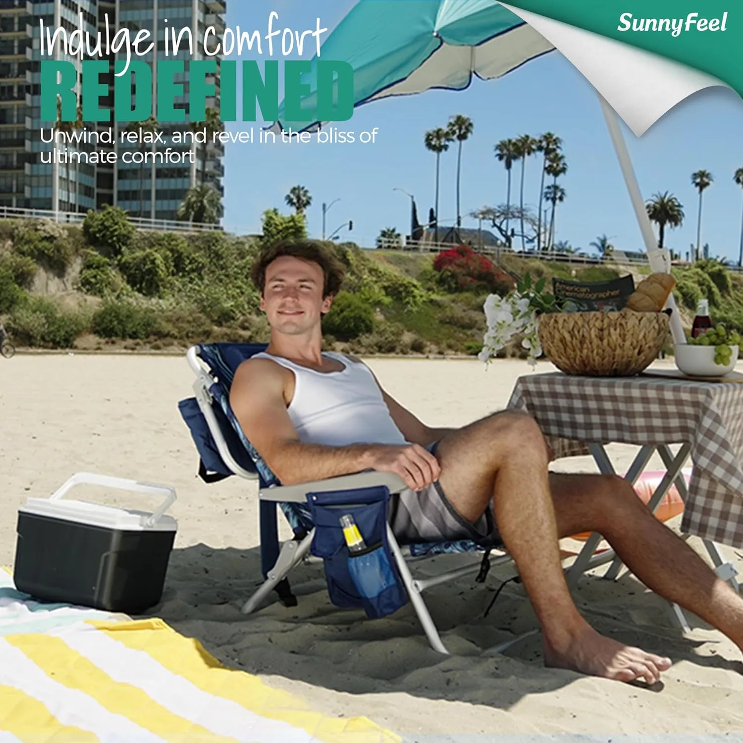 SUNNYFEEL Low Beach Chair 5 Position Lay Flat, Portable Folding Backpack Beach Chairs Heavy Duty with Cooler Bag, Cup Holder for Outdoor/Lawn/Picnic/Fishing, Foldable Camping Chair (New BlueStripe)