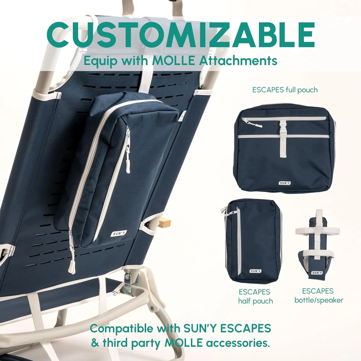 SUN'Y Escapes Backpack Beach Chair - Made w/Ocean Bound Plastics, Customizable w/MOLLE Accessories, Ultra Lightweight, Low-Seat Natural Comfort, Durable, Rust Free & Waterproof - Natural Sand