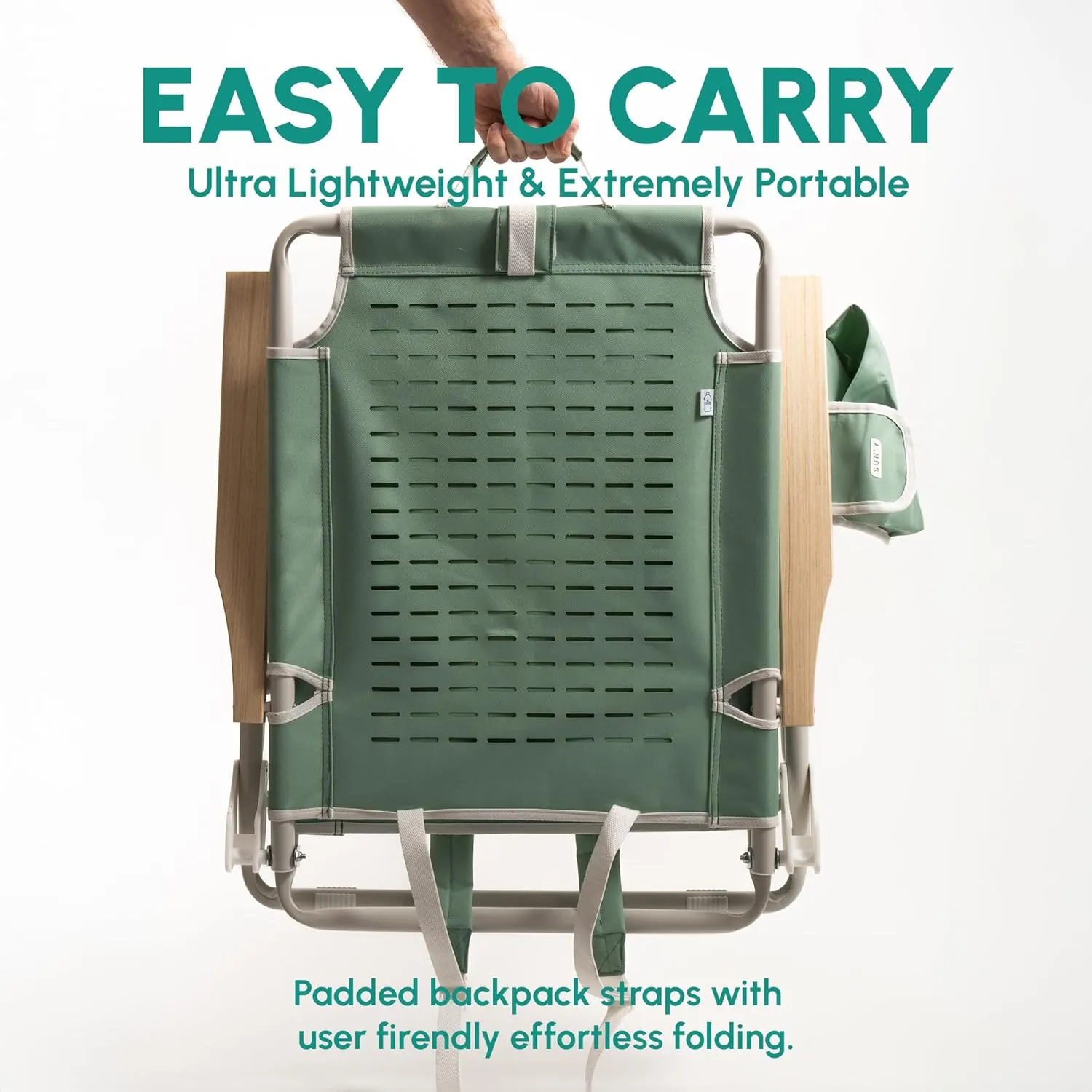 SUN'Y Escapes Backpack Beach Chair - Made w/Ocean Bound Plastics, Customizable w/MOLLE Accessories, Ultra Lightweight, Low-Seat Natural Comfort, Durable, Rust Free & Waterproof - Natural Sand