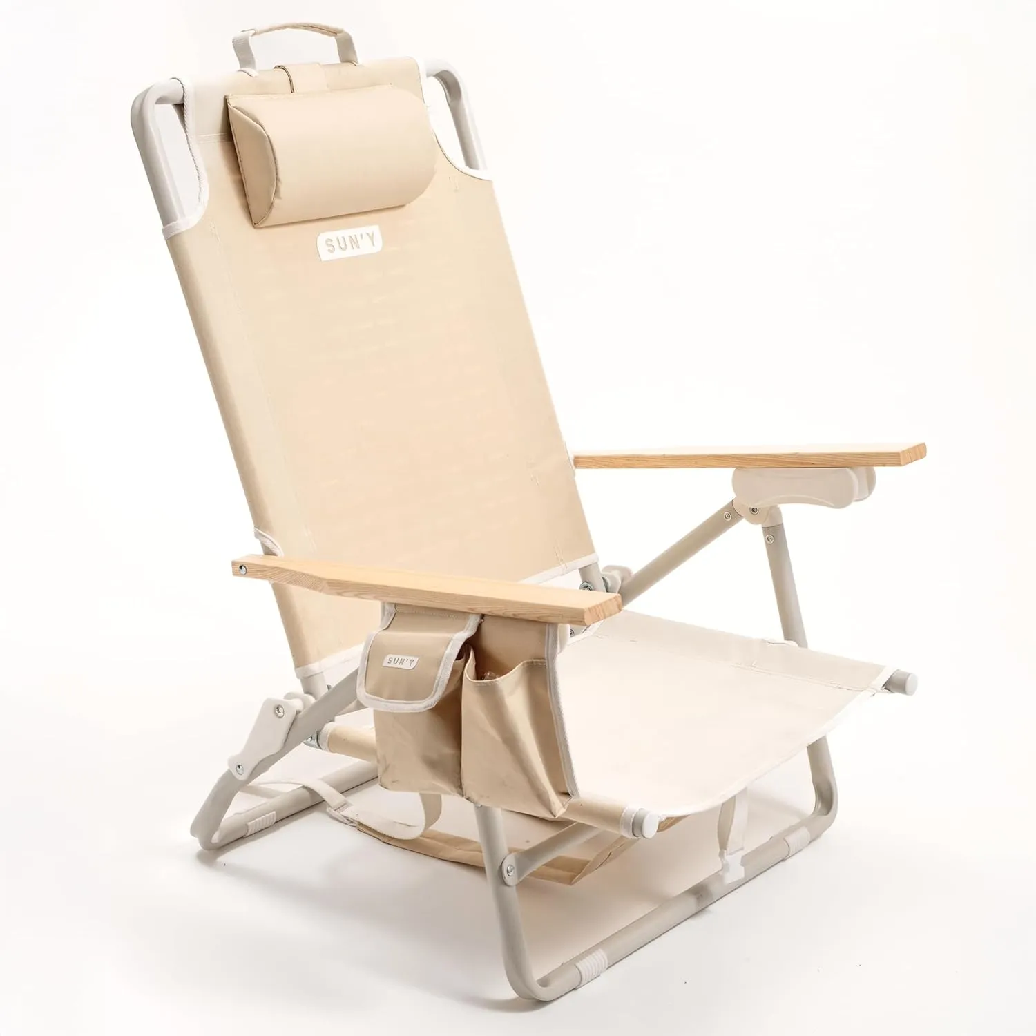 SUN'Y Escapes Backpack Beach Chair - Made w/Ocean Bound Plastics, Customizable w/MOLLE Accessories, Ultra Lightweight, Low-Seat Natural Comfort, Durable, Rust Free & Waterproof - Natural Sand