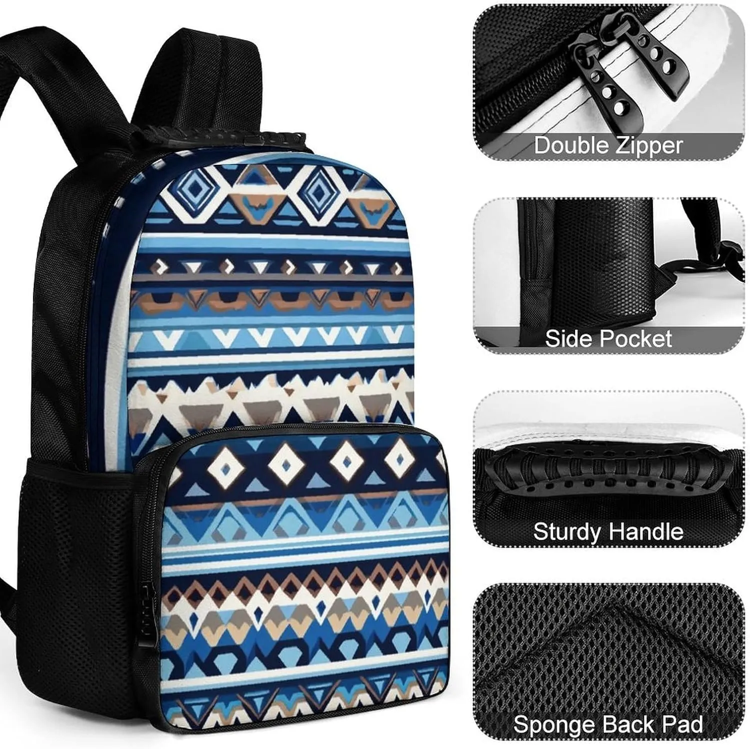 Supdreamc Colorful Surf Blue Tribal Navajo Aztec Geometric Ethnic Pattern Rucksack Polyester Anti-Theft Multipurpose Bookbag Big Capacity Travel and Sport Backpack Rucksack With Side Pockets