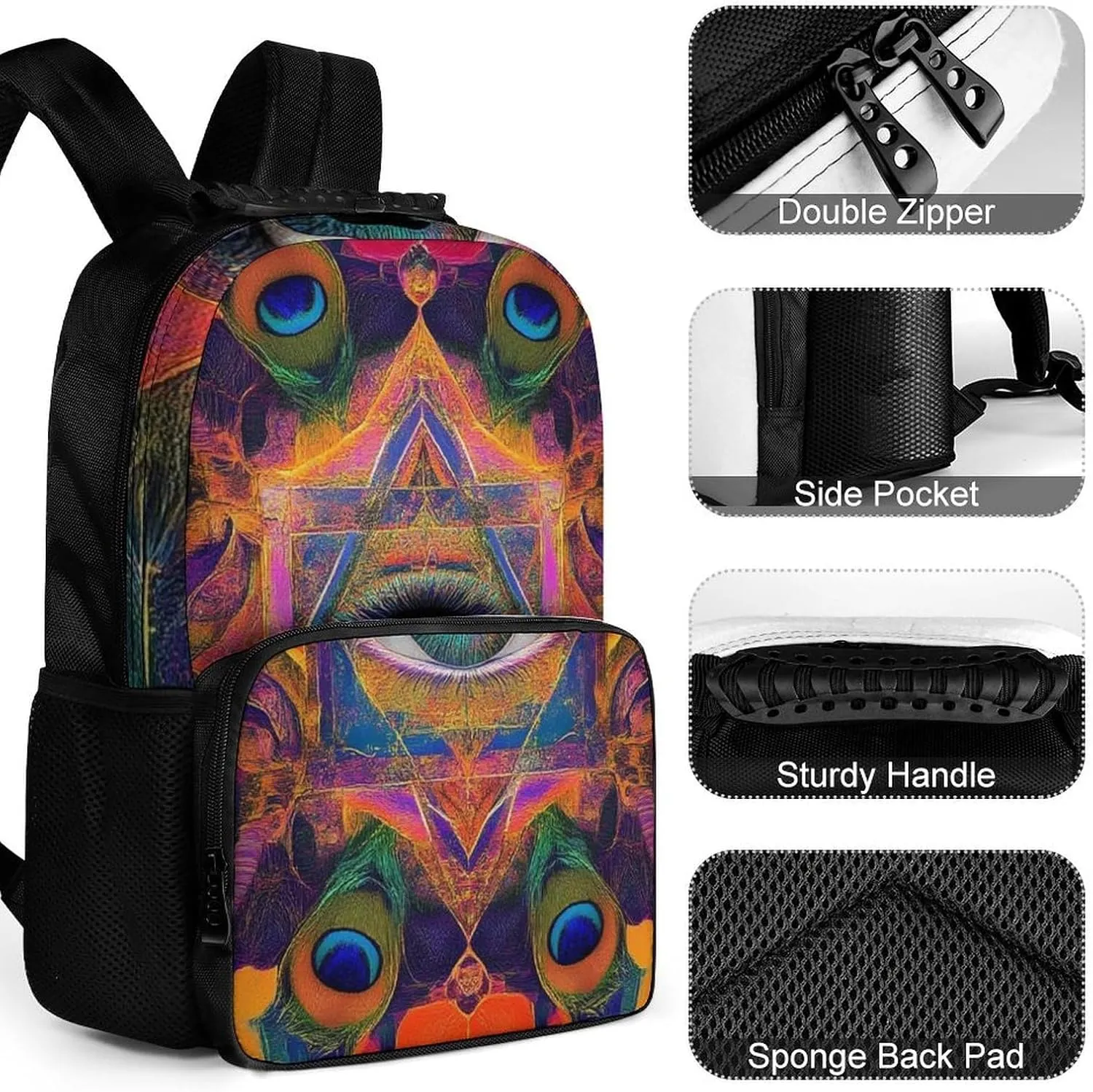 Supdreamc Lightweight Rucksack for Sports Travel Running - Big Capacity Multipurpose Anti-Theft Bookbag, Colorful Tattoo Trippy Acid Eye Travel and Sport Backpack Rucksack