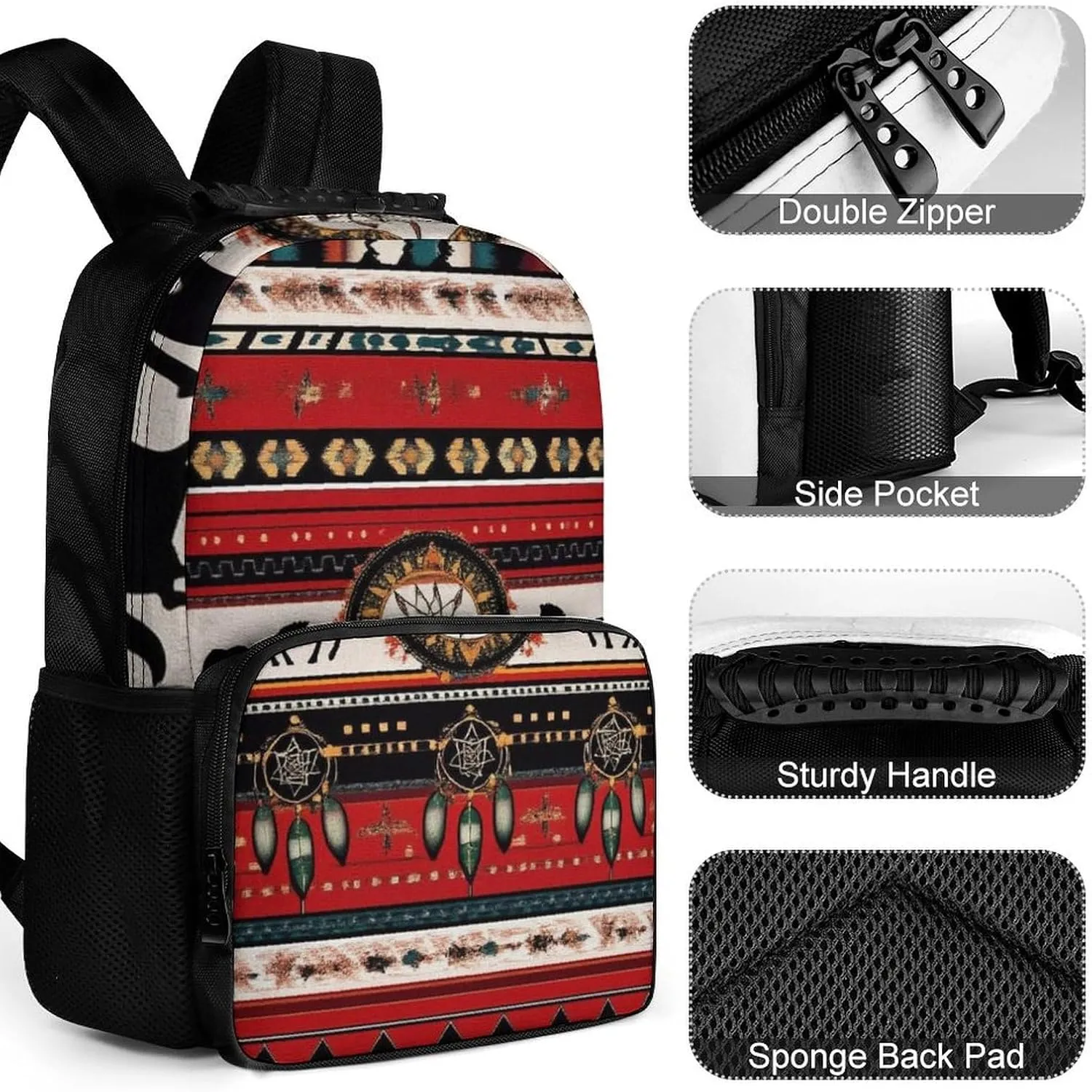 Supdreamc Men & Women Lightweight Southwest Native American Ethnic Horse Dreamcatcher Art Red Casual Daypack Large Capacity Bookbag With Adjustable Shoulder Straps for Gym Business Bicycle