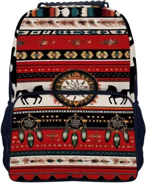 Supdreamc Men & Women Lightweight Southwest Native American Ethnic Horse Dreamcatcher Art Red Casual Daypack Large Capacity Bookbag With Adjustable Shoulder Straps for Gym Business Bicycle