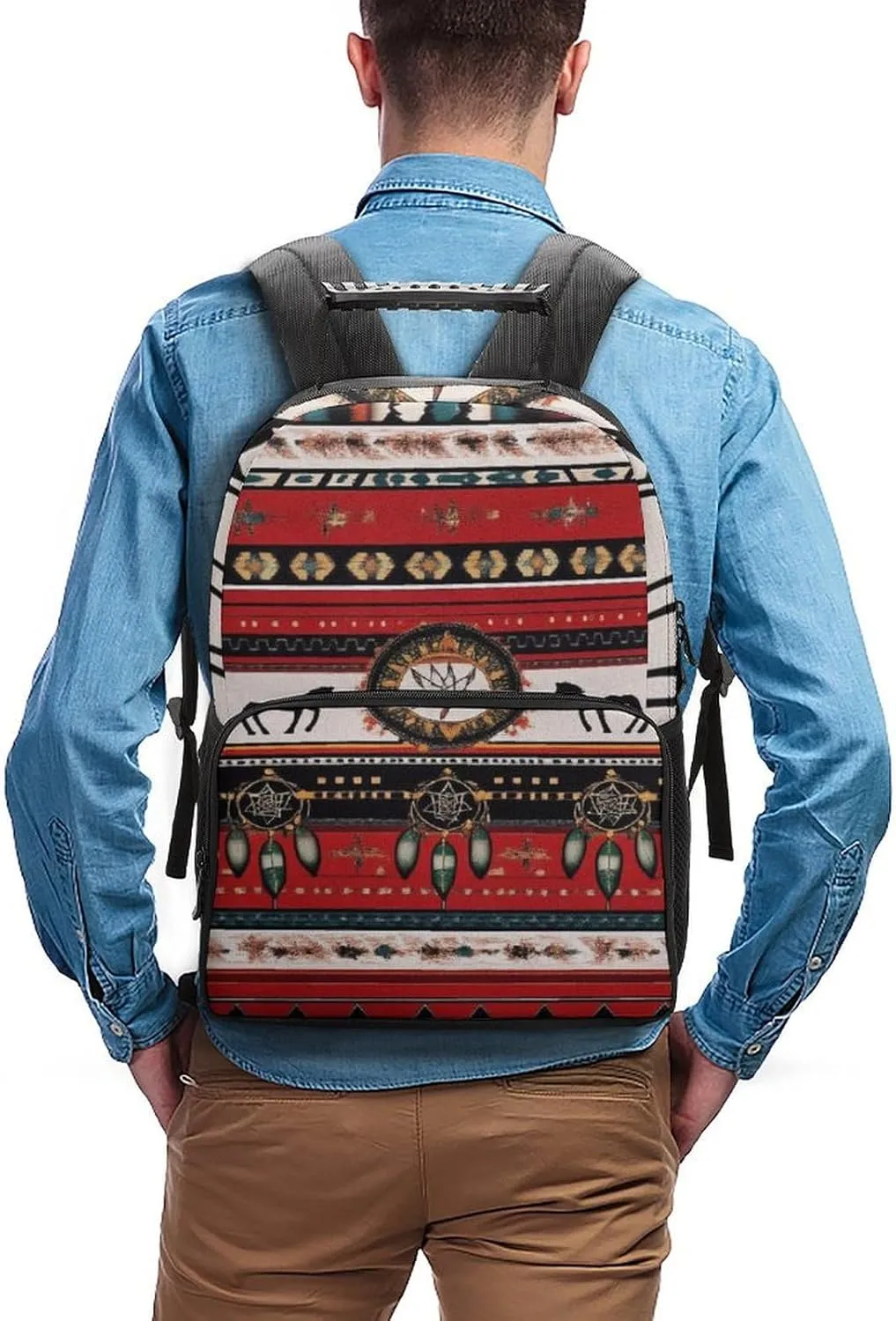 Supdreamc Men & Women Lightweight Southwest Native American Ethnic Horse Dreamcatcher Art Red Casual Daypack Large Capacity Bookbag With Adjustable Shoulder Straps for Gym Business Bicycle