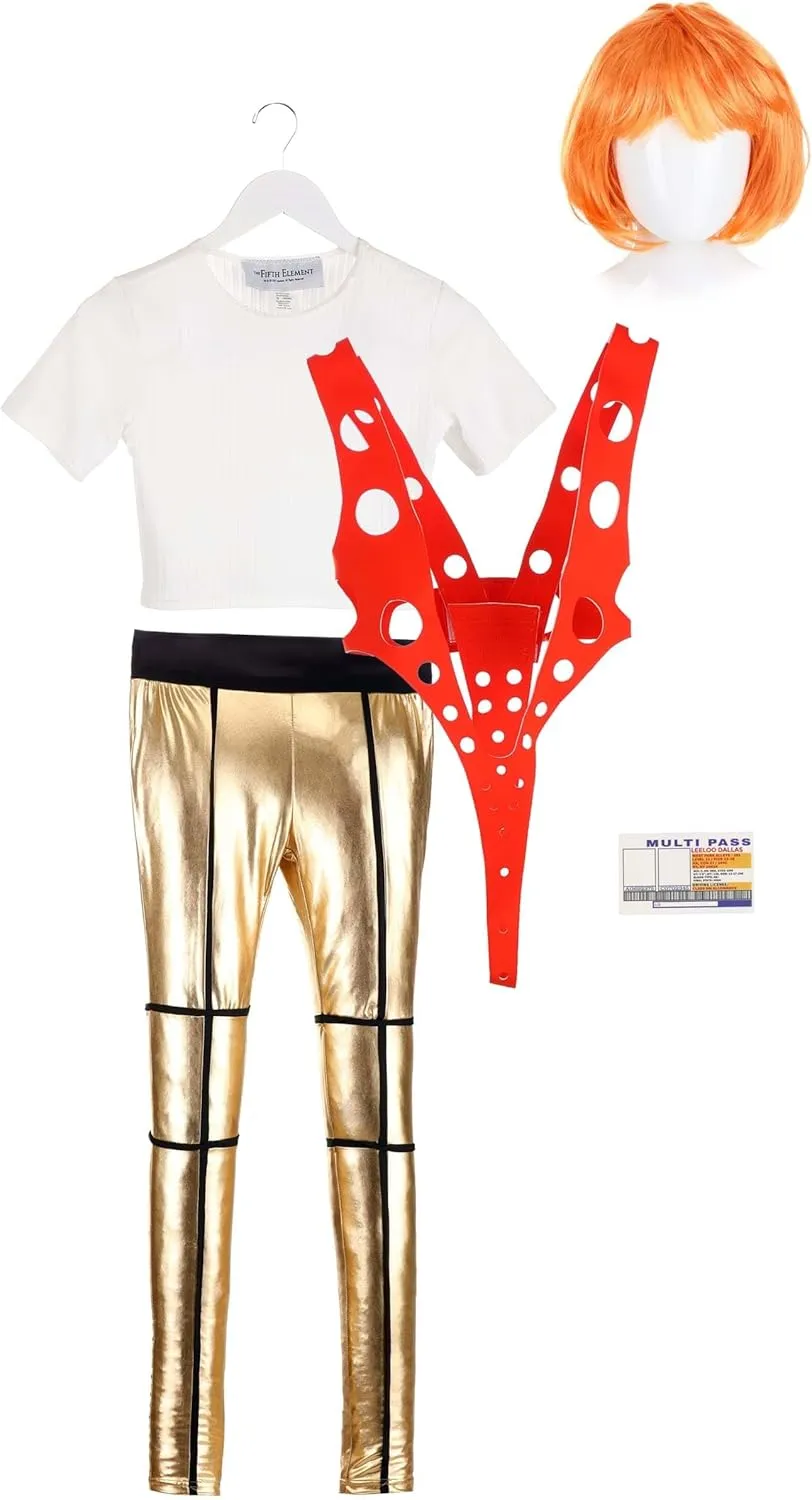 Supreme Leeloo Orange Harness Halloween Costume - Officially Licensed 5th Element Cosplay Outfit with Metallic Pants