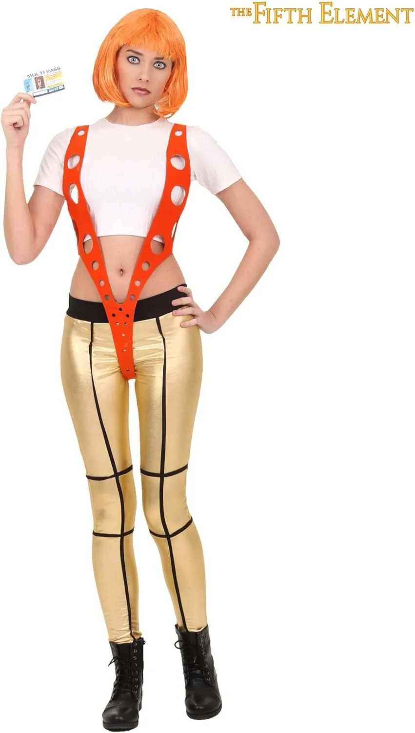 Supreme Leeloo Orange Harness Halloween Costume - Officially Licensed 5th Element Cosplay Outfit with Metallic Pants
