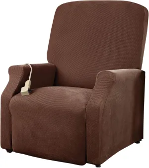 Sure Fit Home Décor Stretch Pique Box Cushion Large Size Lift Recliner Chair One Piece Slipcover, Stretch Form Fit, Polyester/Spandex, Machine Washable, Chocolate Color