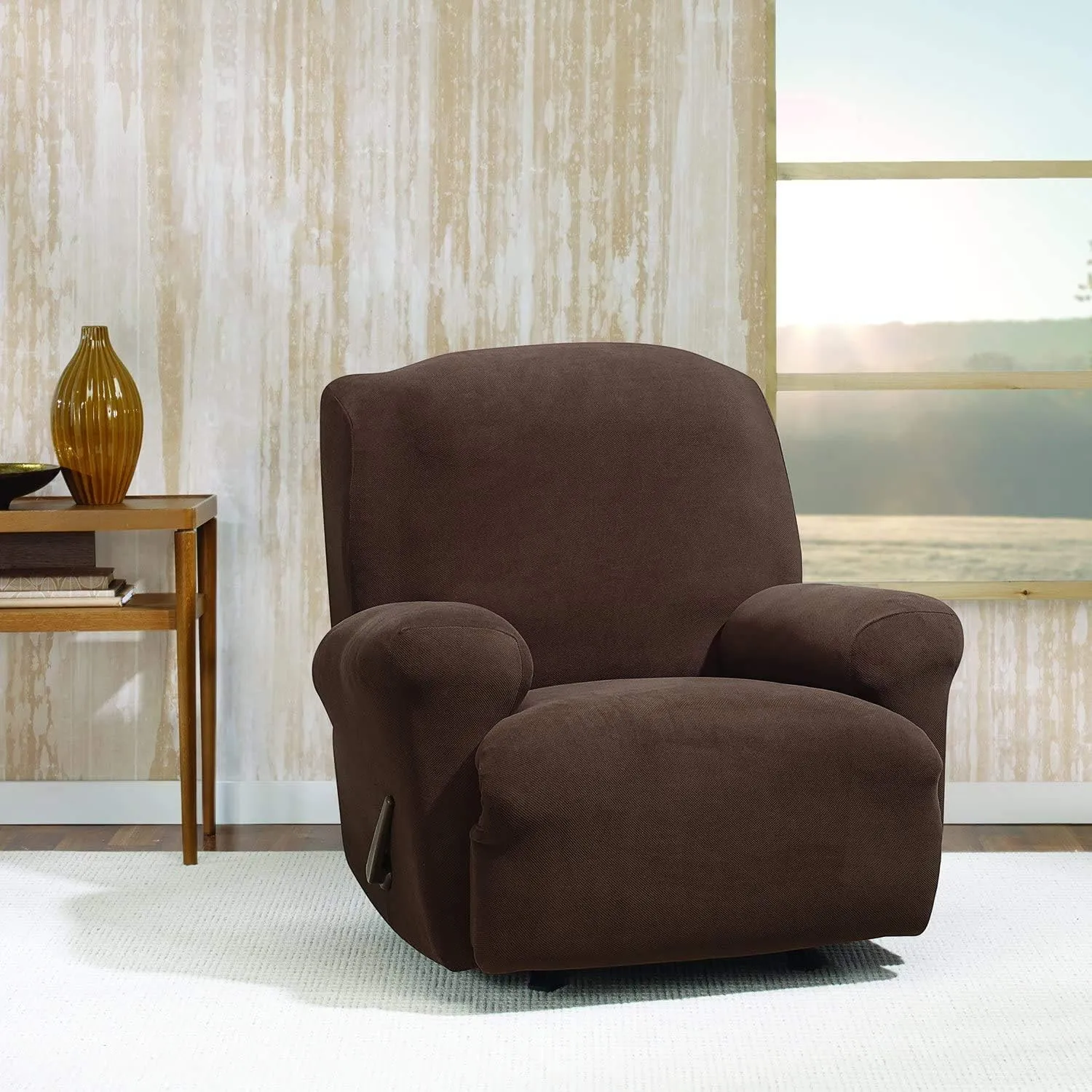 SureFit Form Fit Stretch Morgan Recliner Slipcover - One Piece Polyester/Spandex Elastic Slipcover, Machine Washable (Recliner, Chocolate Color)