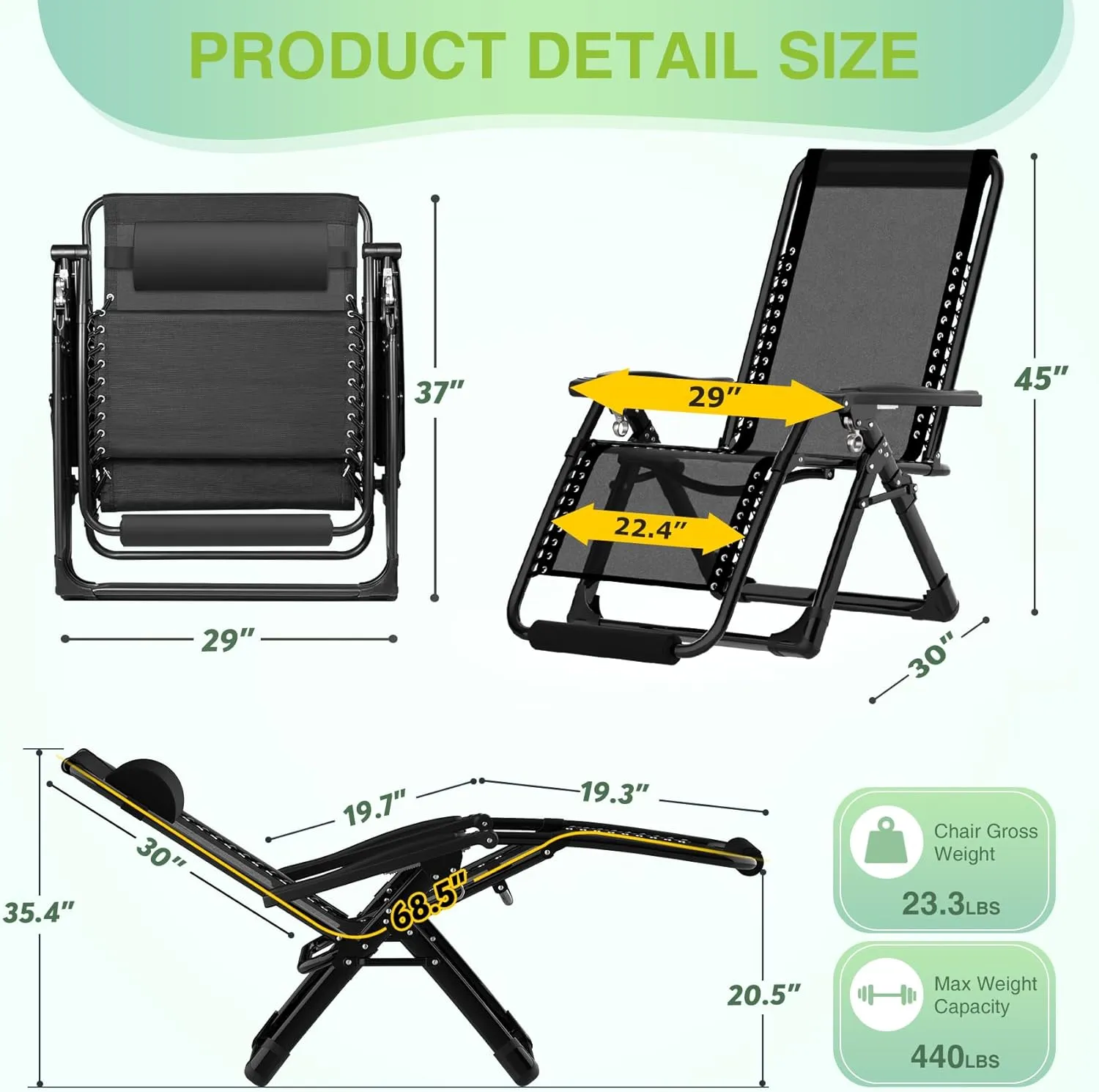 Suteck Zero Gravity Chair 29In XL Anti Gravity Chair w/Removable Cushion & Headrest, Upgraded Aluminum Alloy Lock, Cup Holder and Footrest Reclining Patio Chairs for Indoor Outdoor, 440lbs,Black