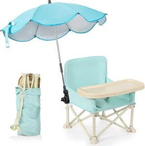 Suzile Baby Outdoor Beach Chair with Umbrella Travel Booster Seat with Tray Compact Baby Folding Chair Portable Booster Chair with Storage Bag, Backrest Pocket for Dining Table, Camping