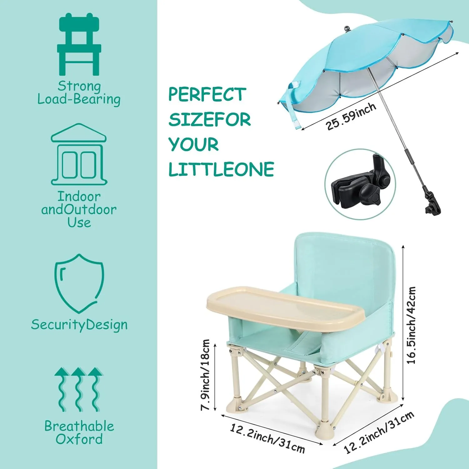 Suzile Baby Outdoor Beach Chair with Umbrella Travel Booster Seat with Tray Compact Baby Folding Chair Portable Booster Chair with Storage Bag, Backrest Pocket for Dining Table, Camping