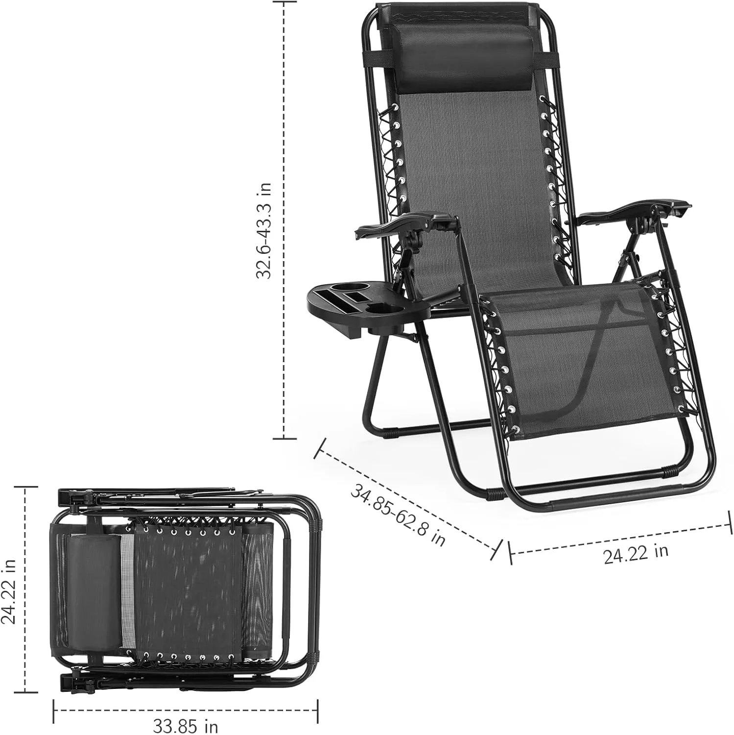 Sweetcrispy Zero Gravity Chairs, Set of 2 Portable Recliner Beach Camping Patio Outdoor Folding Lounge Chair with Cup Holder Trays and Adjustable Pillow for Poolside, Garden, Backyard, Lawn, Black