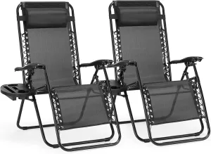 Sweetcrispy Zero Gravity Chairs, Set of 2 Portable Recliner Beach Camping Patio Outdoor Folding Lounge Chair with Cup Holder Trays and Adjustable Pillow for Poolside, Garden, Backyard, Lawn, Black