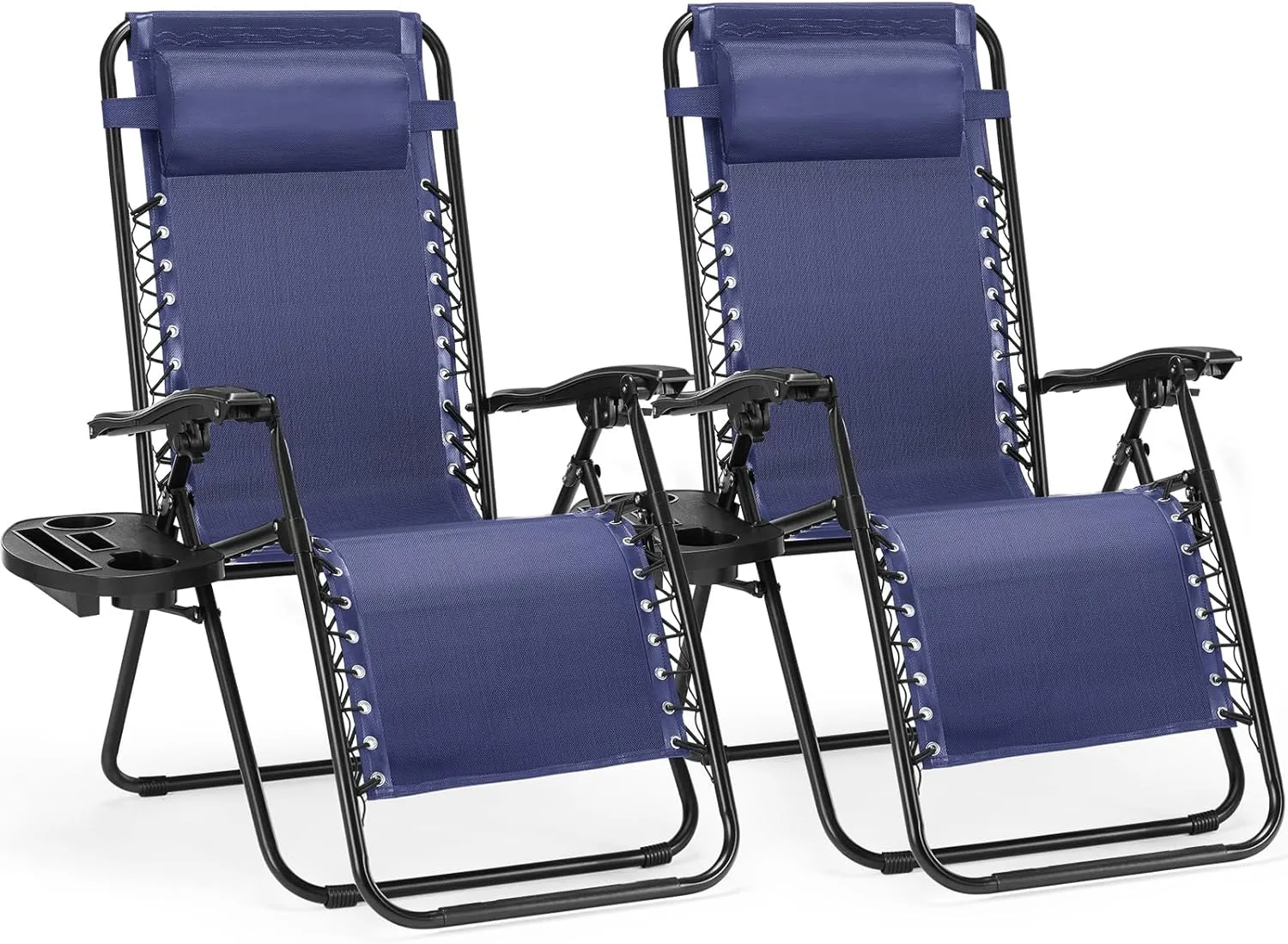 Sweetcrispy Zero Gravity Chairs, Set of 2 Portable Recliner Beach Camping Patio Outdoor Folding Lounge Chair with Cup Holder Trays and Adjustable Pillow for Poolside, Garden, Backyard, Lawn (Blue)