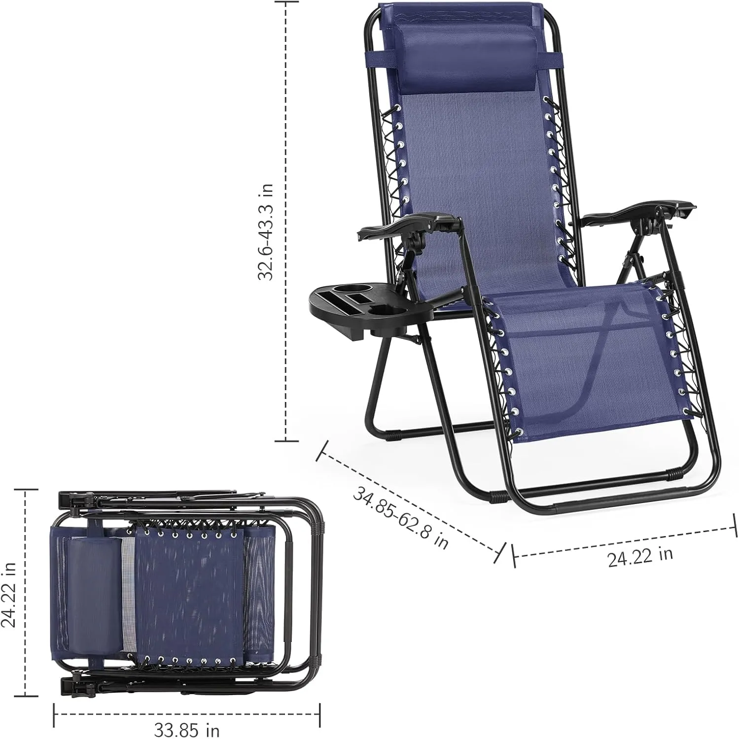 Sweetcrispy Zero Gravity Chairs, Set of 2 Portable Recliner Beach Camping Patio Outdoor Folding Lounge Chair with Cup Holder Trays and Adjustable Pillow for Poolside, Garden, Backyard, Lawn (Blue)