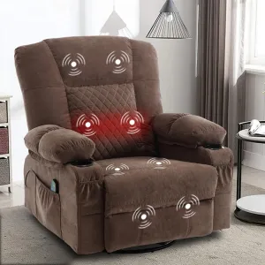 Swivel Rocker Recliner Chair for Adults with Massage Vibration, Overstuffed Soft Fabric Recliner with Heat, Modern Manual Rocking Recliner with Cup Holders, for Living Room, Home Theater(Brown)