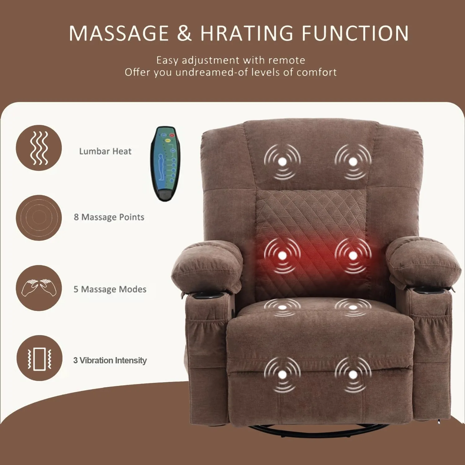 Swivel Rocker Recliner Chair for Adults with Massage Vibration, Overstuffed Soft Fabric Recliner with Heat, Modern Manual Rocking Recliner with Cup Holders, for Living Room, Home Theater(Brown)